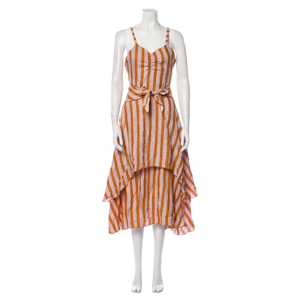 B51 Posse Striped Linen Midi Dress XS Layered Tie Waist Resort Flowy Cruise - Picture 2 of 10